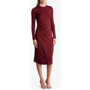 Vince Gathered Long Sleeve Midi Dress in Plum Wine Size L